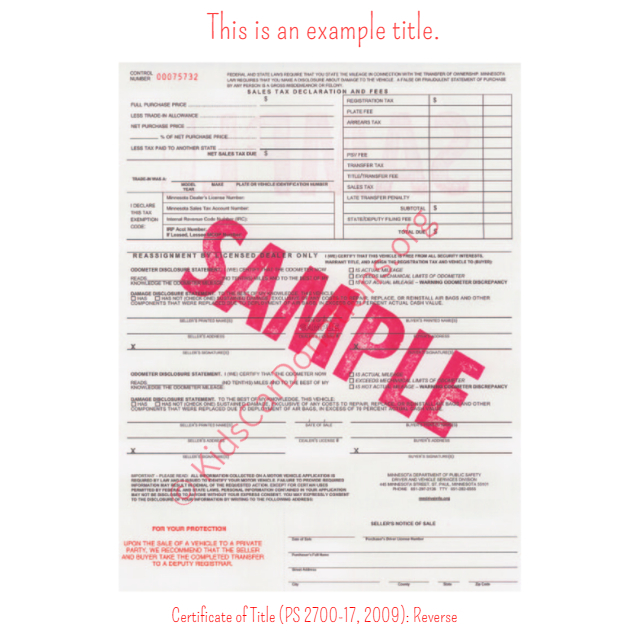 This is an Example of Minnesota Certificate of Title (PS 2700-17, 2009) Reverse View | Kids Car Donations